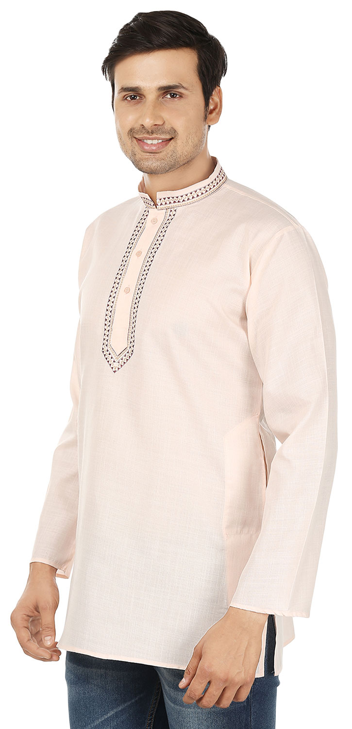 thumbnail image 2 of Chemise de Mode Indienne pour Hommes Kurta Courte Brodée en Coton (Beige, TG), 2 of 6