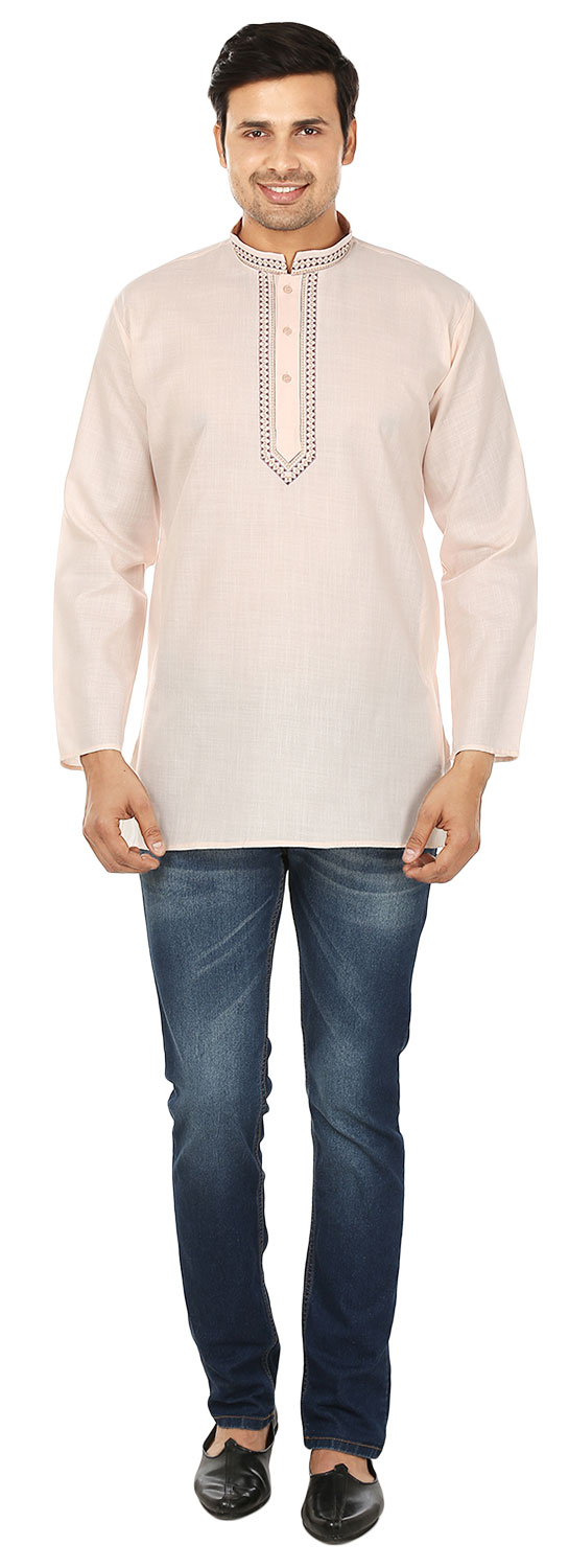 thumbnail image 4 of Chemise de Mode Indienne pour Hommes Kurta Courte Brodée en Coton (Beige, TG), 4 of 6