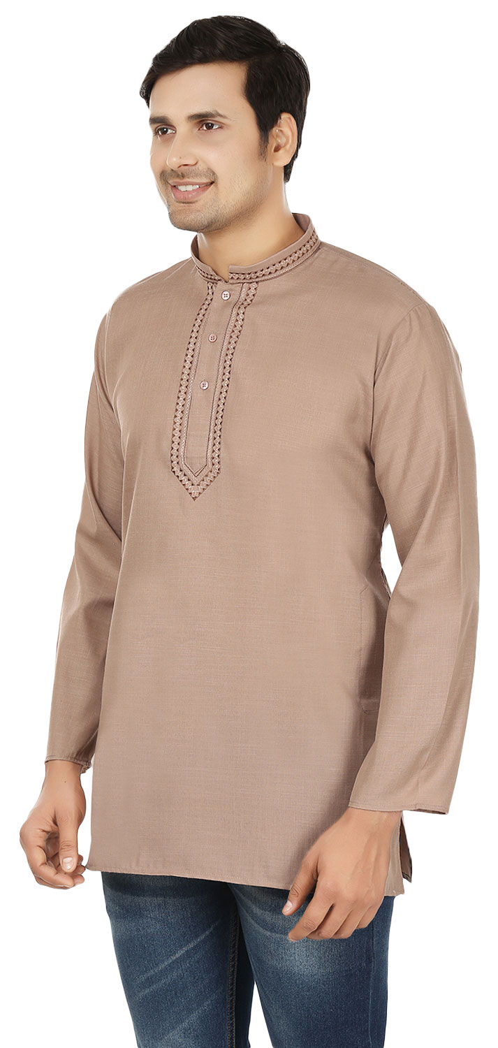 thumbnail image 2 of Chemise de Mode Indienne pour Hommes Kurta Courte en Coton (Marron, TG), 2 of 5