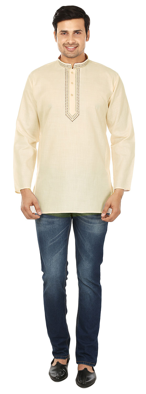 thumbnail image 4 of Kurta Courte en Coton pour Hommes Robe Mode Indienne Vêtements (Crème, L), 4 of 6