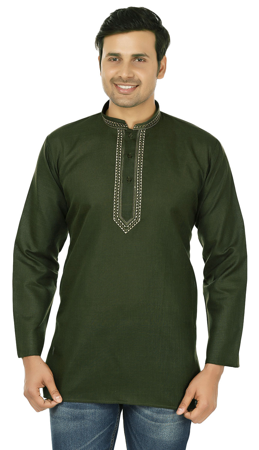 thumbnail image 1 of Chemise Kurta Courte en Coton pour Hommes Robe Mode Indienne (Vert, G), 1 of 5