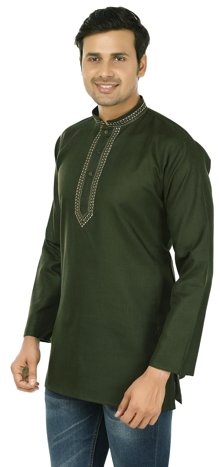 thumbnail image 2 of Chemise Kurta Courte en Coton pour Hommes Robe Mode Indienne (Vert, G), 2 of 5