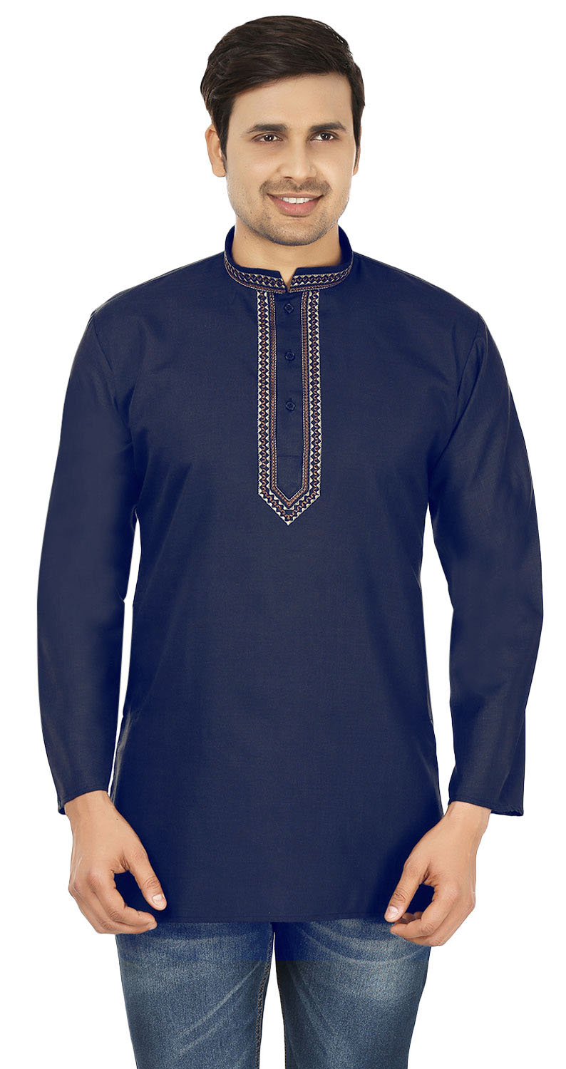 thumbnail image 1 of Cotton Men's Embroidered Short Kurta Shirt India Clothes (Navy Blue, 3XL), 1 of 5