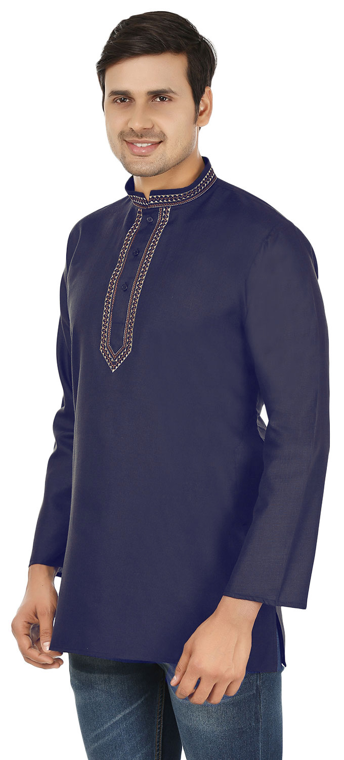 thumbnail image 2 of Cotton Men's Embroidered Short Kurta Shirt India Clothes (Navy Blue, 3XL), 2 of 5