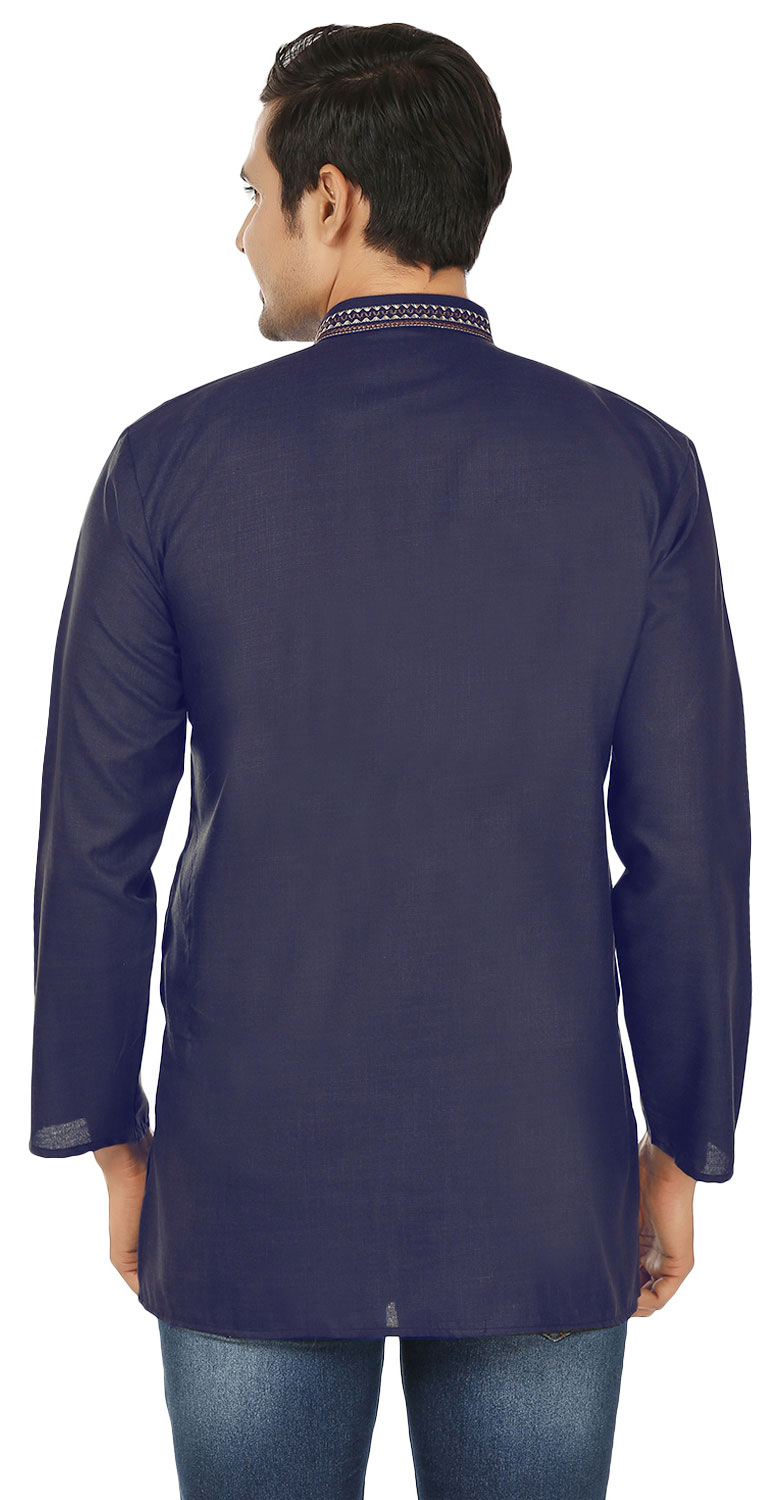thumbnail image 3 of Cotton Men's Embroidered Short Kurta Shirt India Clothes (Navy Blue, 3XL), 3 of 5