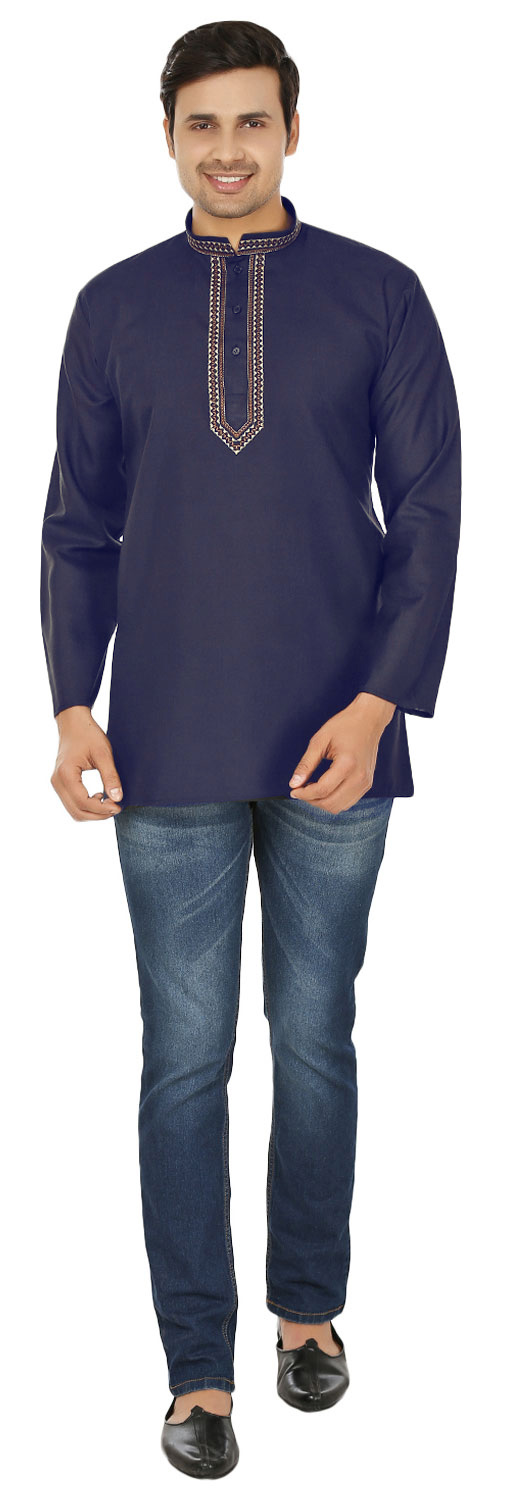 thumbnail image 4 of Cotton Men's Embroidered Short Kurta Shirt India Clothes (Navy Blue, 3XL), 4 of 5