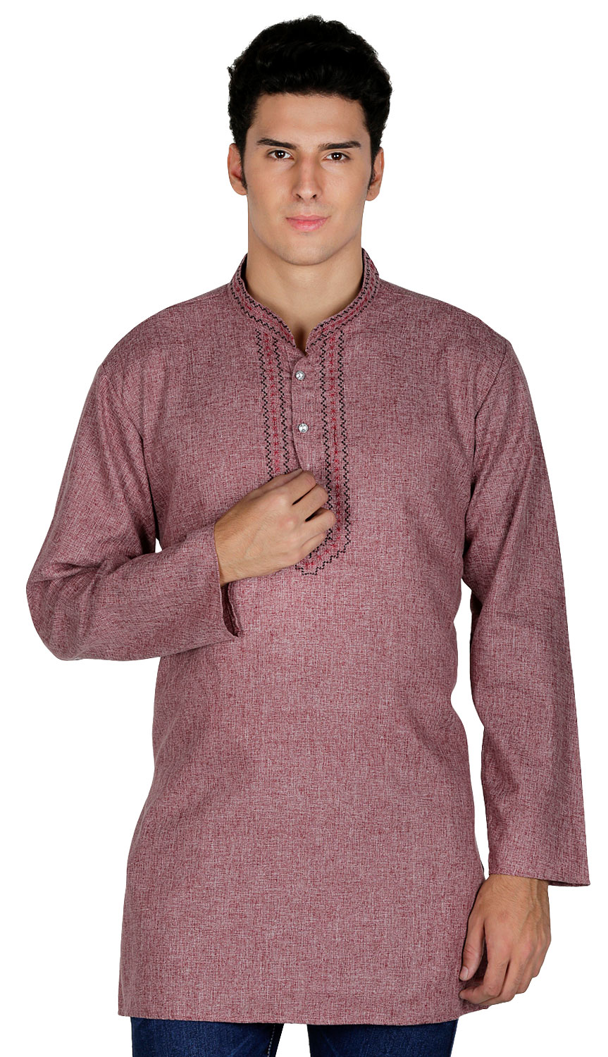 thumbnail image 2 of Chemise Kurta Courte en Coton pour Hommes Robe Mode Indienne (Bordeaux, L), 2 of 4