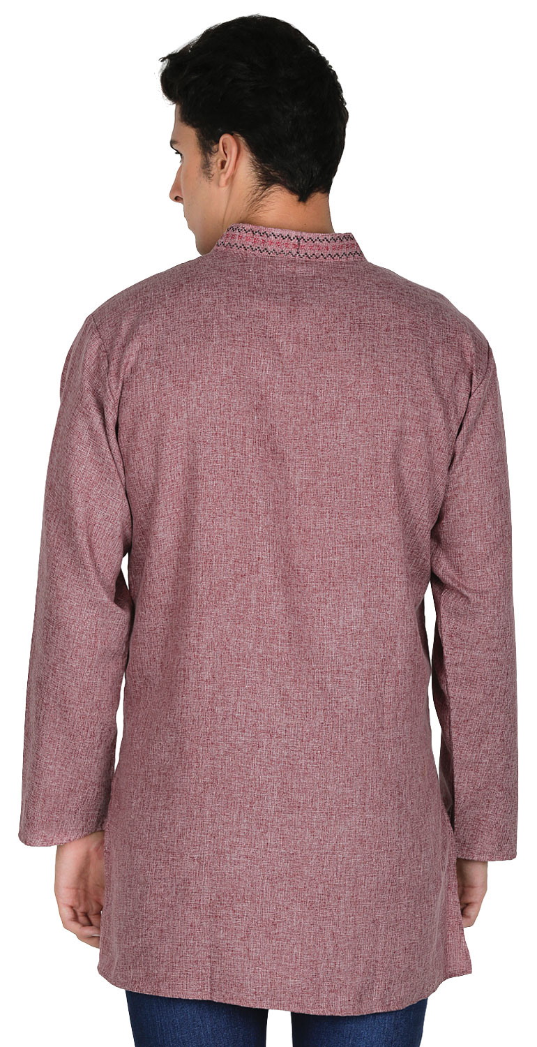 thumbnail image 3 of Chemise Kurta Courte en Coton pour Hommes Robe Mode Indienne (Bordeaux, L), 3 of 4