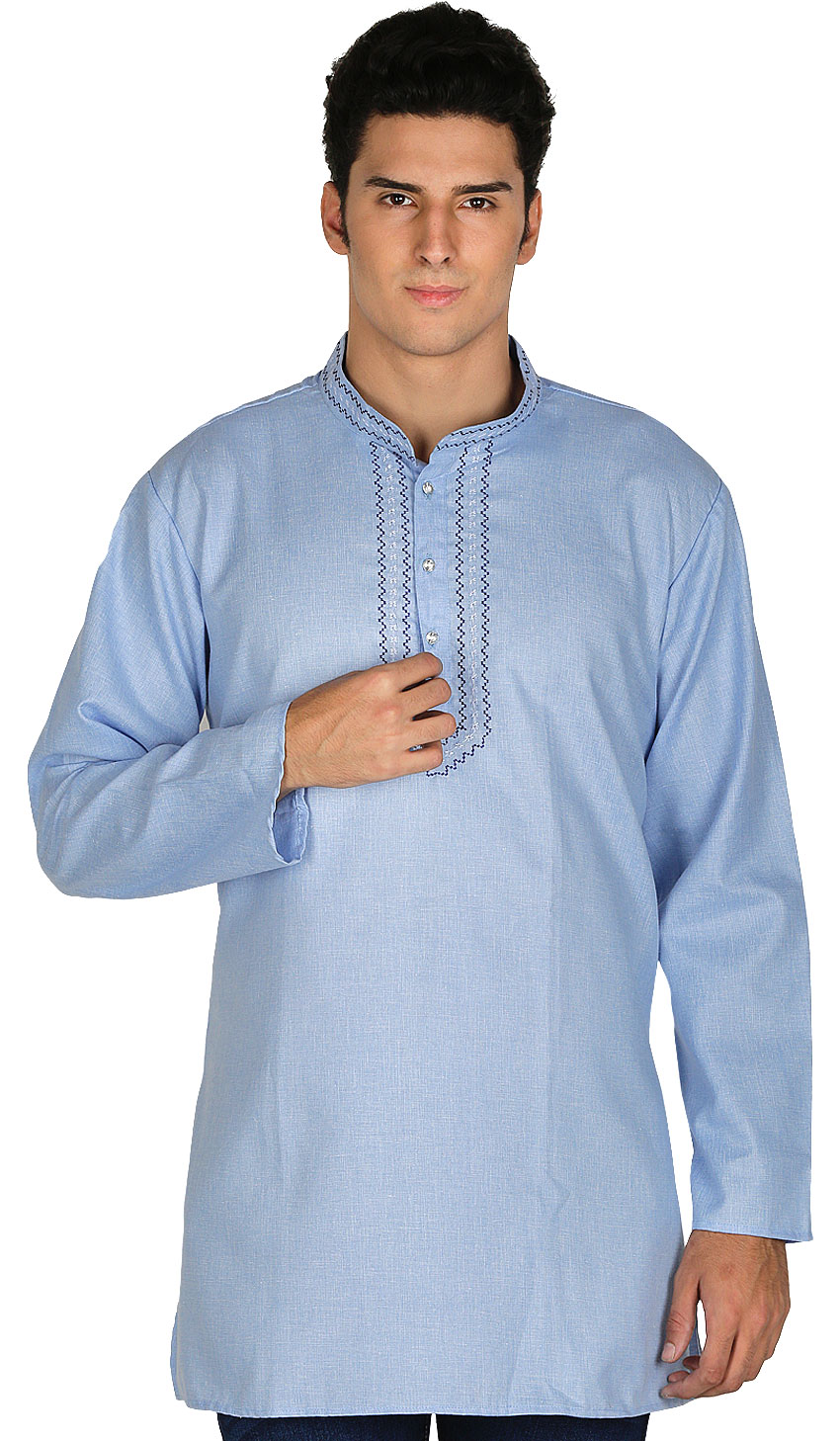 Kurta Courte en Coton pour Hommes Robe de Soirée Mode Indienne (Bleu Ciel, G)