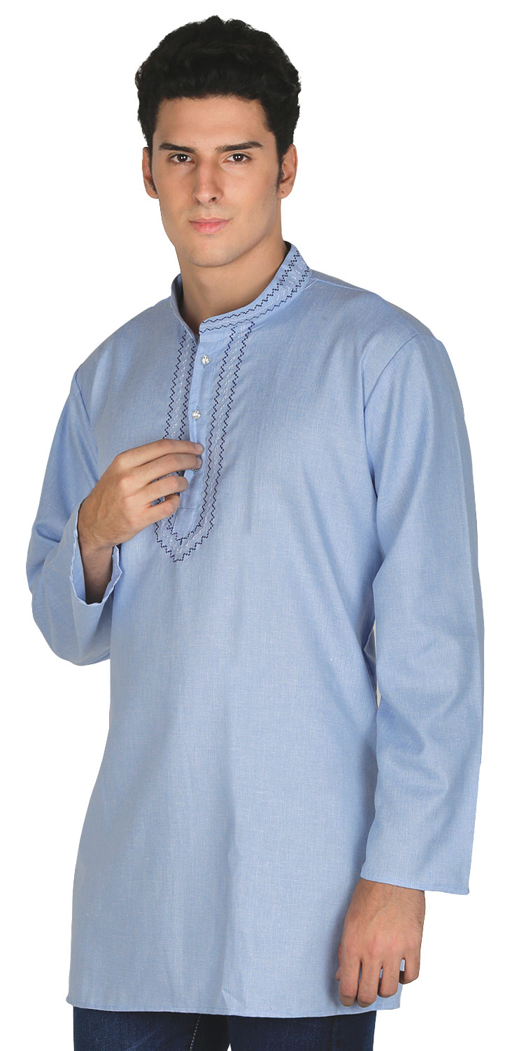 thumbnail image 2 of Kurta Courte en Coton pour Hommes Robe de Soirée Mode Indienne (Bleu Ciel, G), 2 of 4